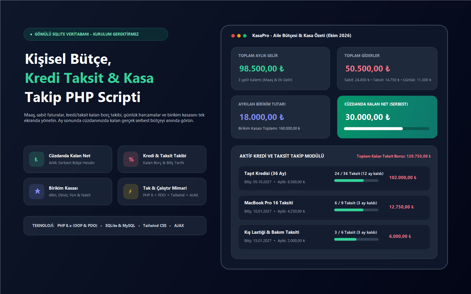 KasaPro - Kişisel Bütçe, Kredi Taksit ve Kasa Takip PHP Scripti (Veritabanı Kurulumsuz)